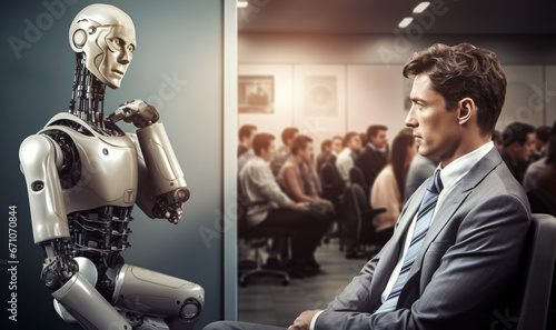 Man and AI robot waiting for a job interview: AI vs human competition