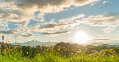 Timelapse Beautiful landscape mountain green field grass meadow white cloud blue sky sunny day. Time lapse Majestic green scenery big mountain hill cloudscape valley panorama countryside nature view