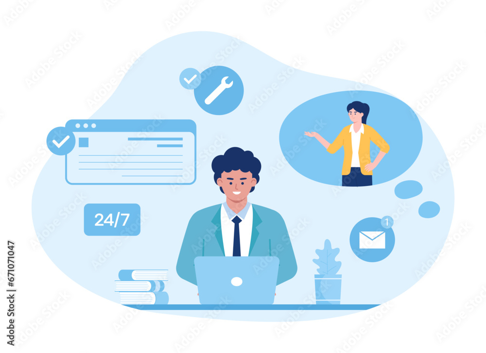 Customer service technical support consults with clients and helps them concept flat illustration Customer service technical support consults with clients and helps them concept flat illustration