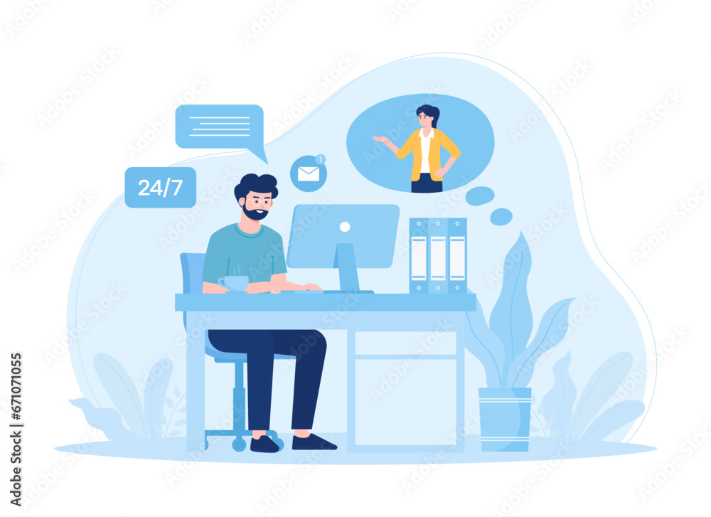 Customer service technical support consults with clients and helps them concept flat illustration