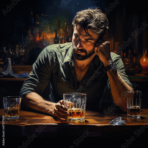 Beautiful male wiskey drinking, nightbar background, hyper realistic ultra detailed