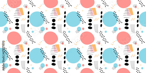 Vector trendy abstract shapes seamless patten with modern colors, dots, lines, circle pink blue pastel colors cute background wallpapers design 