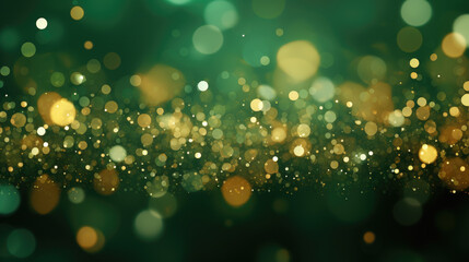 Abstract blur bokeh banner background. Gold bokeh on defocused emerald green background