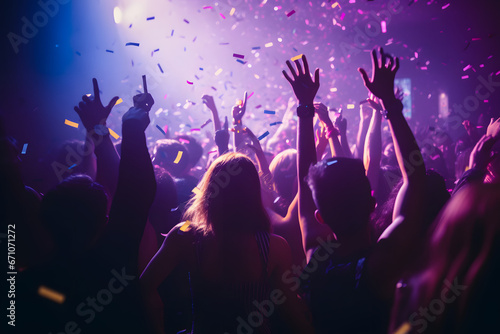 Close up photo of many party people dancing purple lights confetti flying everywhere nightclub event hands raised up wear shiny clothes © Prasanth