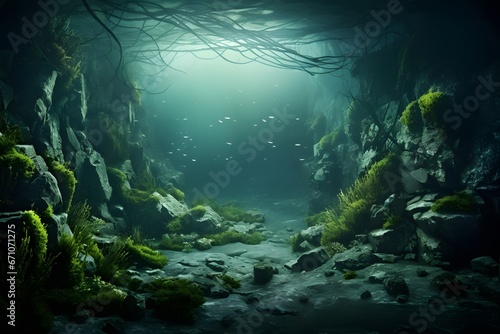 scene of deep sea seaweed on rock background