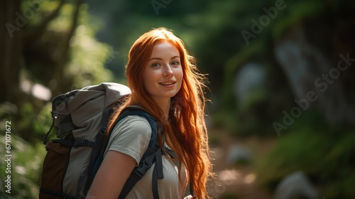 Caucasian ginger young beautiful female backpacker traveling alone in forest.