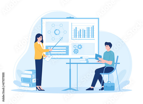 The teacher stands near the blackboard and holds a stick concept flat illustration