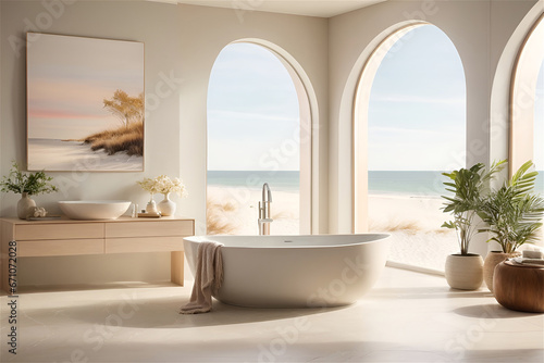 Large bathroom in light colors in Mediterranean style.