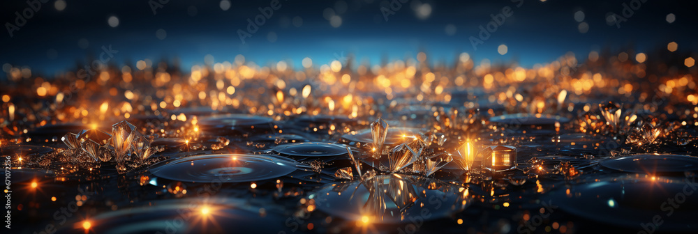 Obraz premium Schöner abstrakter Hintergrund in Glas Splitter und goldenen Bokeh für Webdesign und Drucksachen als Vorlage Querformat für Banner, ai generativ