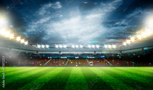 lights at night and stadium colorful flashlights background. Flyer with copy space in modern colors. Concept of sport,