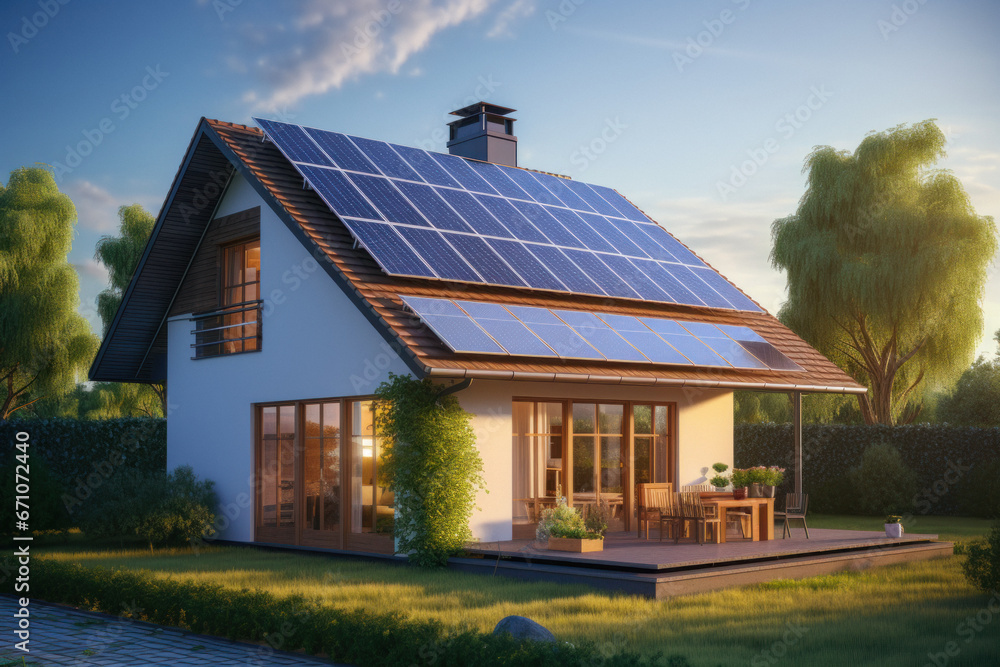 Modern House with solar panels on the roof, renewable energy installation, Eco-friendly, energy concept Modern House with solar panels on the roof, renewable energy installation, Eco-friendly, energy concept