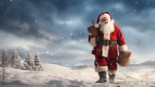 Santa likes to carry a sack with a vignette on a snowy background.