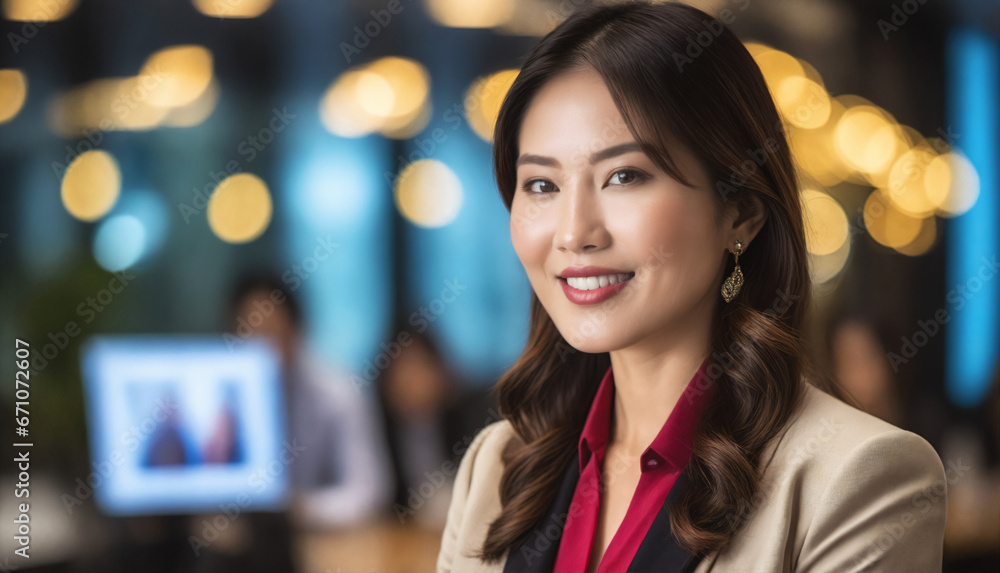 Obraz premium Smart Asian Businesswoman in Candid Bokeh Office Shot