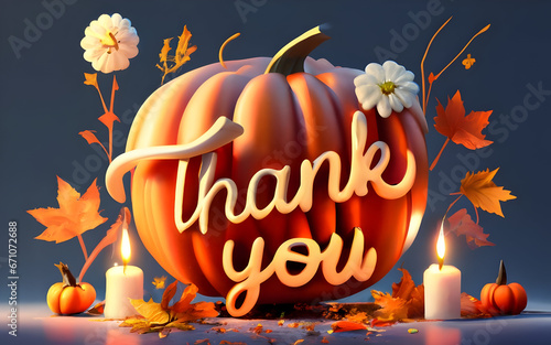 Thanksgiving greeing card, illustration decorated with 3D Realistic  spooky  pumpkin and autumn fall maple leaves. Generative AI.
Autumn festival invitation. Postcard or banner. 3d vector illustration photo