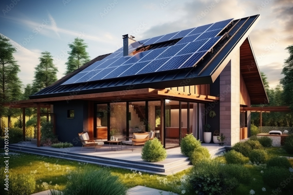 Modern House with solar panels on the roof, renewable energy installation, Eco-friendly, energy concept