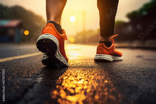 Close up of legs in running shoes on the road at sunset. Sportswear banner mockup with space for product placement or advertising text.