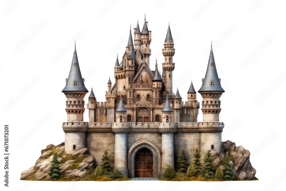 Medieval castle on a big rocks, isolated on a transparent background, png file.