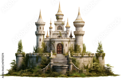 Medieval castle surrounded green trees, isolated on a transparent background, png file.