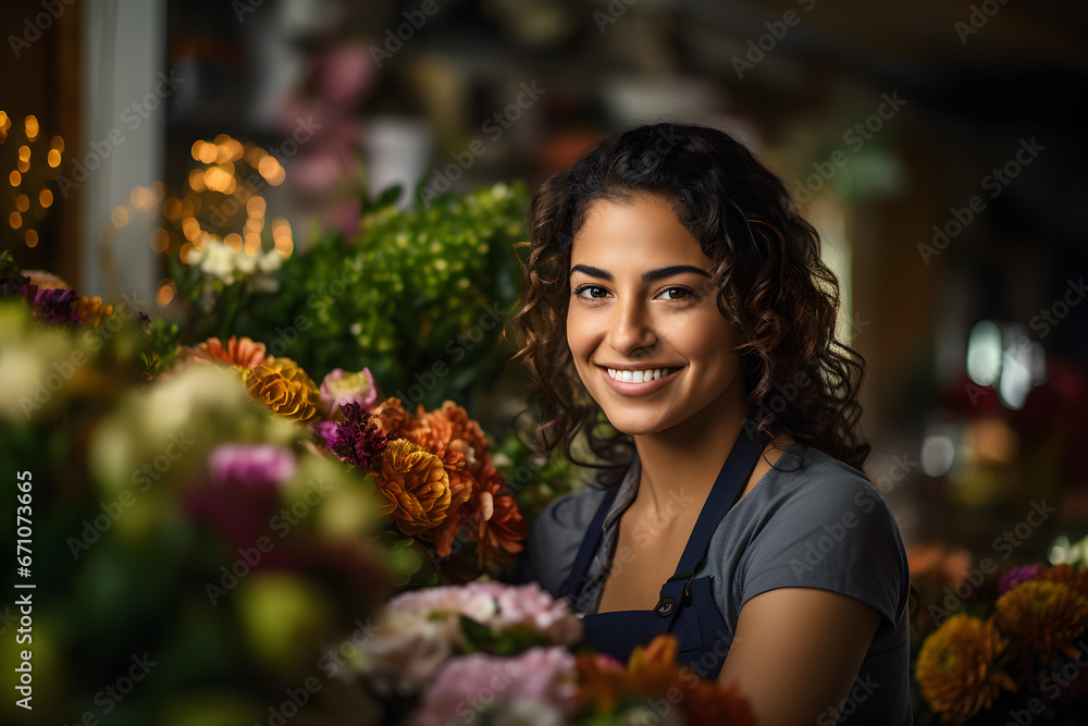 Hispanic female small business owner, smiling, in her florist shop, Hispanic female small business owner, smiling, in her florist shop,