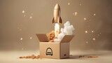  a cardboard box with a rocket coming out of it and flying through the air. generative ai