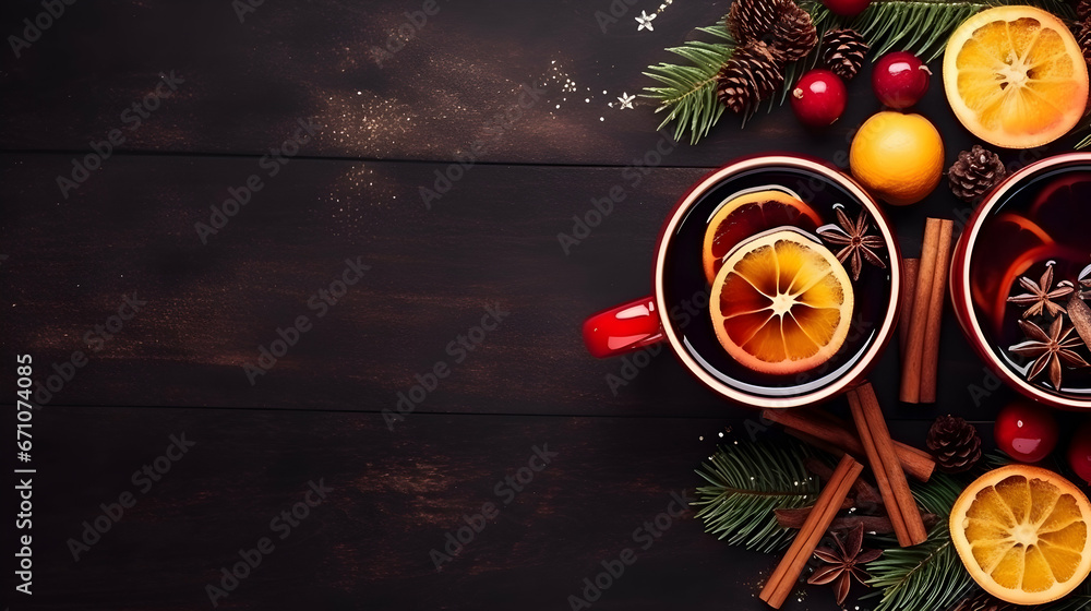 Christmas traditional warm drink, mulled wine, with oranges, spices and cinnamon, top view, flat lay, copy space Christmas traditional warm drink, mulled wine, with oranges, spices and cinnamon, top view, flat lay, copy space