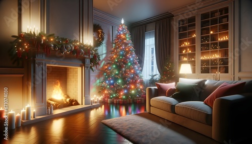 Warm and cozy living room adorned with festive Christmas decor and twinkling lights