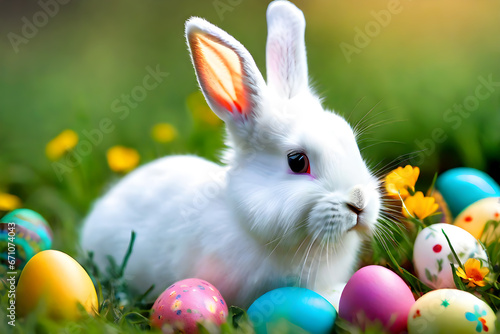 A white bunny with multicolor Easter eggs, blurred meadow flowers in an affectionate moment, blurred green grass and blue sky © totojang1977
