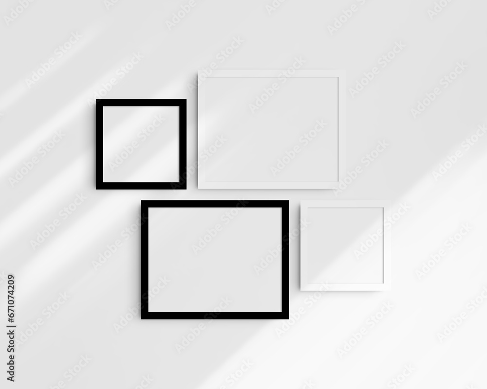 Gallery wall mockup set, 4 black and white frames. Clean, modern, and minimalist frame mockup. Two horizontal frames and two square frames, 14x11 (14:11), 8x8 (1:1) inches. White wall with shadows. Gallery wall mockup set, 4 black and white frames. Clean, modern, and minimalist frame mockup. Two horizontal frames and two square frames, 14x11 (14:11), 8x8 (1:1) inches. White wall with shadows.