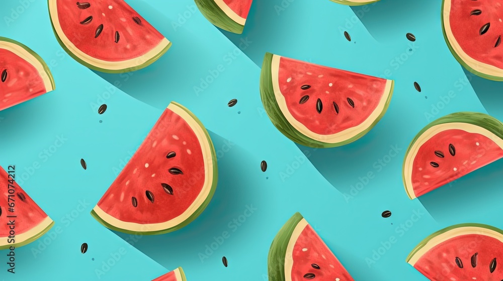 watermelon slices on a blue background with green leaves. generative ai watermelon slices on a blue background with green leaves. generative ai