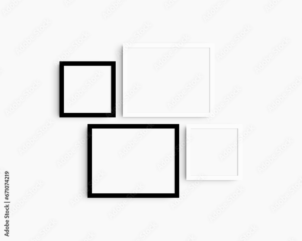 Gallery wall mockup set, 4 black and white frames. Clean, modern, and minimalist frame mockup. Two horizontal frames and two square frames, 14x11 (14:11), 8x8 (1:1) inches. White wall.