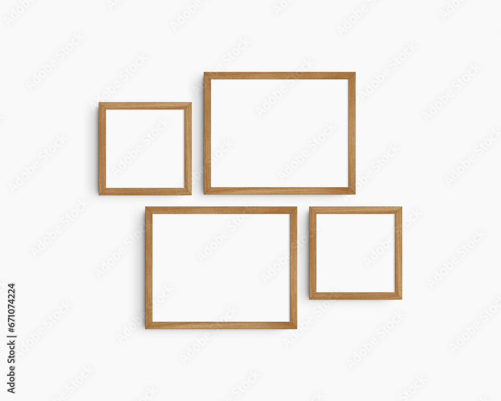 Gallery wall mockup set, 4 cherry wood frames. Clean, modern, and minimalist frame mockup. Two horizontal frames and two square frames, 14x11 (14:11), 8x8 (1:1) inches. White wall. Gallery wall mockup set, 4 cherry wood frames. Clean, modern, and minimalist frame mockup. Two horizontal frames and two square frames, 14x11 (14:11), 8x8 (1:1) inches. White wall.