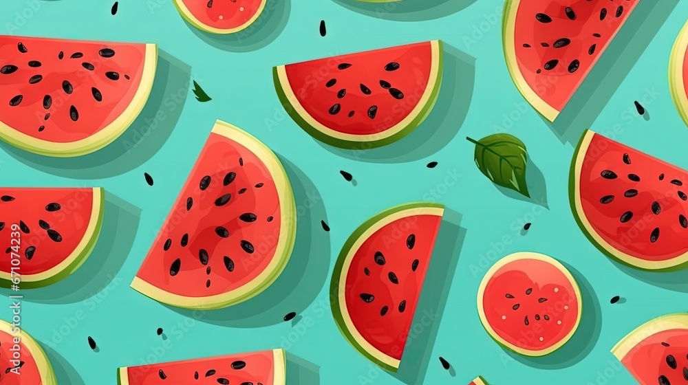 watermelon slices and slices of watermelon on a blue background. generative ai watermelon slices and slices of watermelon on a blue background. generative ai