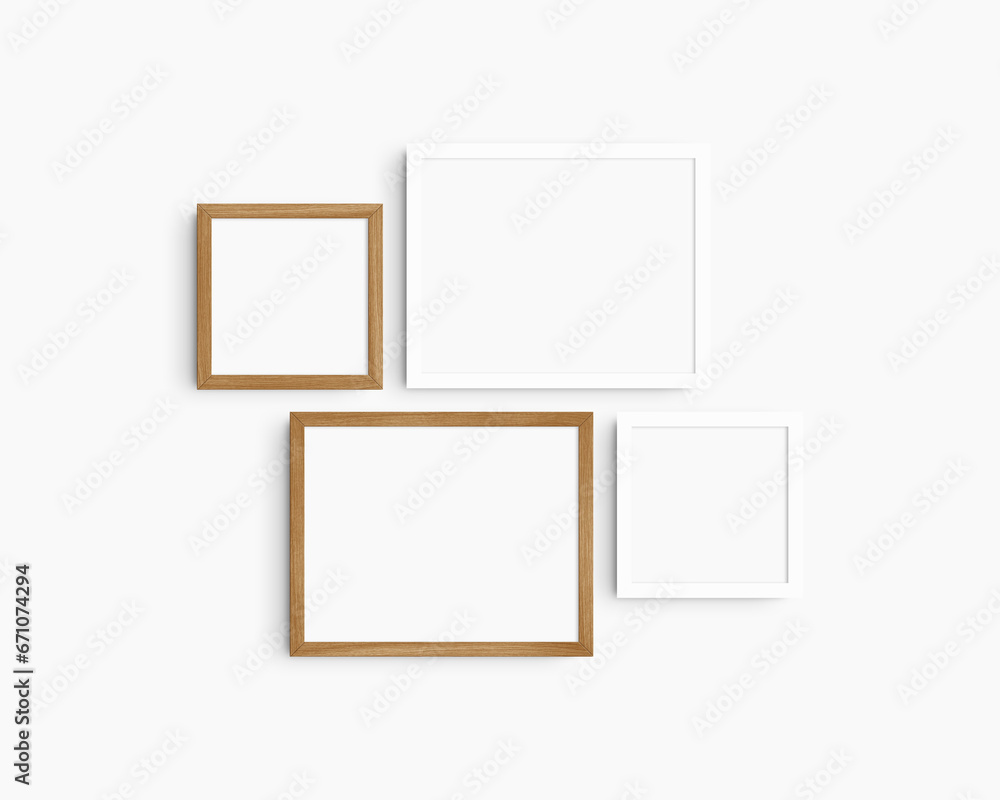 Gallery wall mockup set, 4 cherry wood and white frames. Clean, modern, and minimalist frame mockup. Two horizontal frames and two square frames, 14x11 (14:11), 8x8 (1:1) inches. White wall.