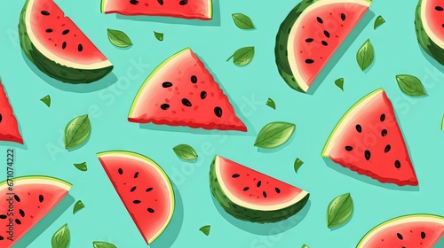  watermelon slices and leaves on a blue background with green leaves. generative ai