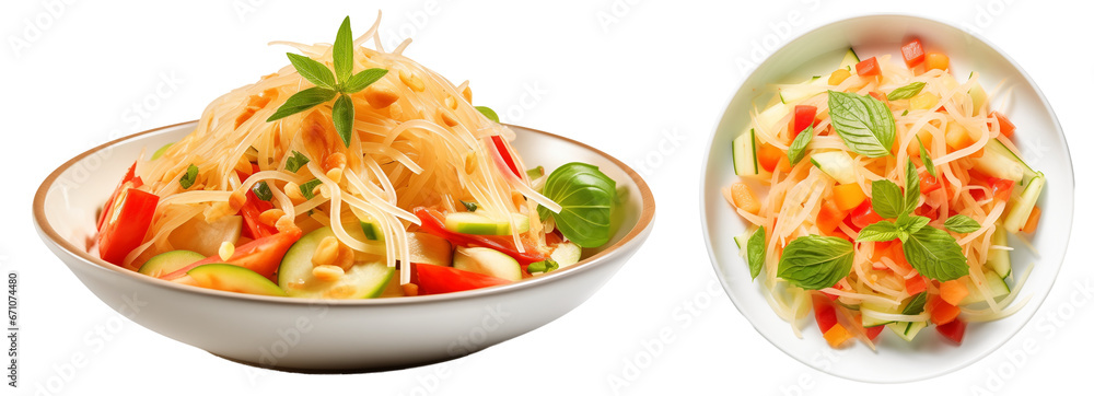 Thai noodle salad collection (top and side view) isolated on white background Thai noodle salad collection (top and side view) isolated on white background