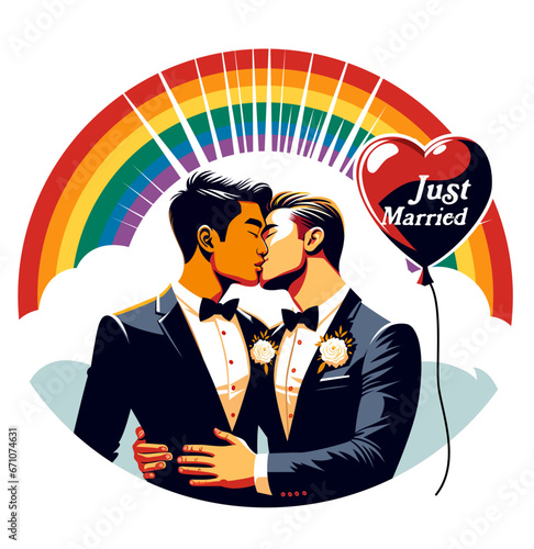 lgbt marriage illustrating two men in suits holding hands and kissing with a rainbow background and the words Just Married in a heart shaped balloon vector image
