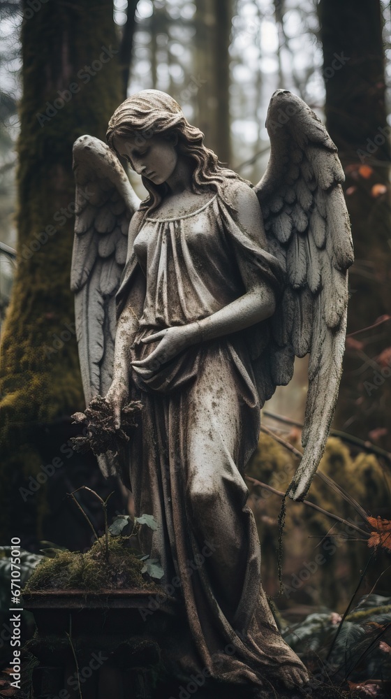 Fototapeta premium Photography of a Vintage Statue Representing the Virgin Mary with wings and a very Tight Dress in the middle of the Forest.