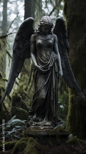 Photography of a Vintage Statue Representing the Virgin Mary with wings and a very Tight Dress in the middle of the Forest. © Luca