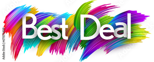 Best deal paper word sign with colorful spectrum paint brush strokes over white.