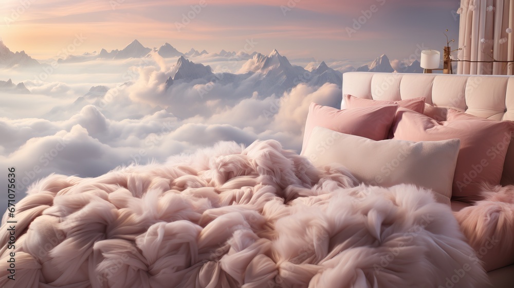 Obraz premium Professional Photography of a Room High up un the Sky. Landscape Above the clouds with a Pink Sky and Sunset.