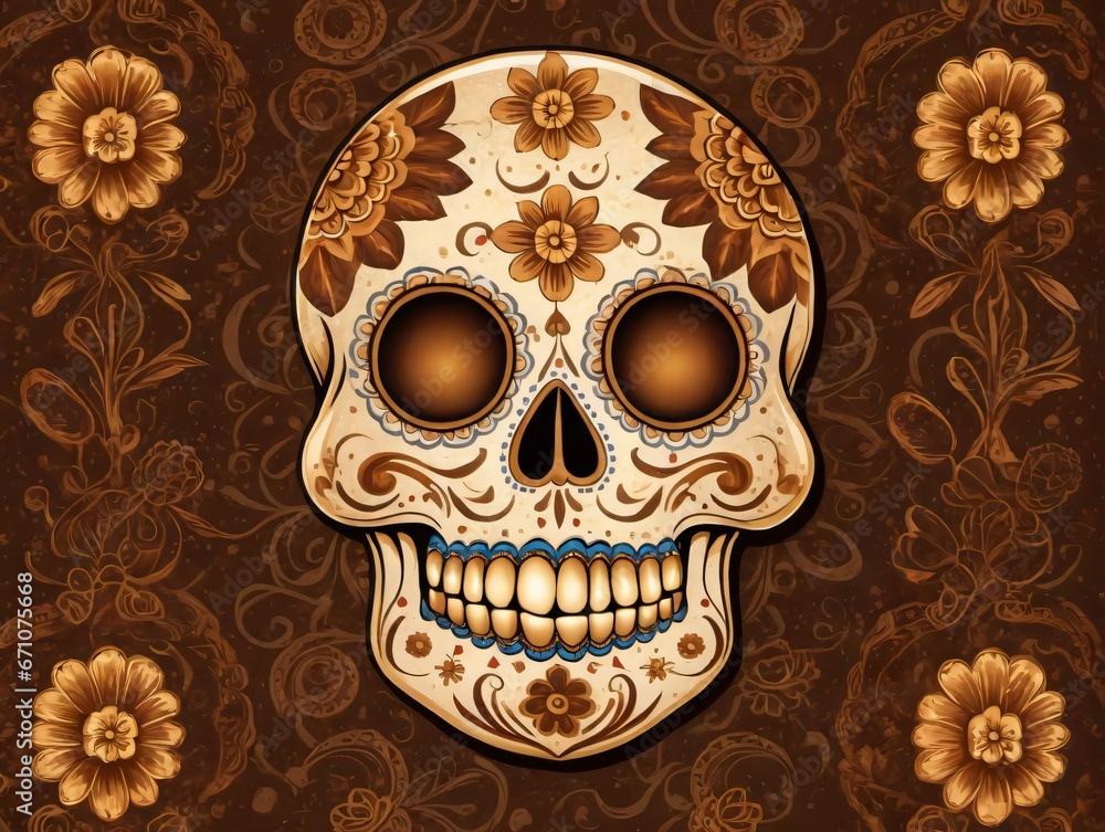A Skull With Florals And Flowers On A Brown Background
