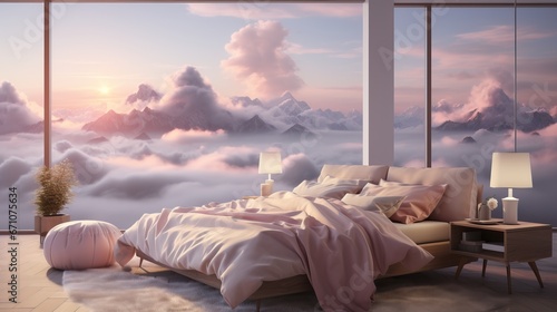 Professional Photography of a Room High up un the Sky. Landscape Above the clouds with a Pink Sky and Sunset.