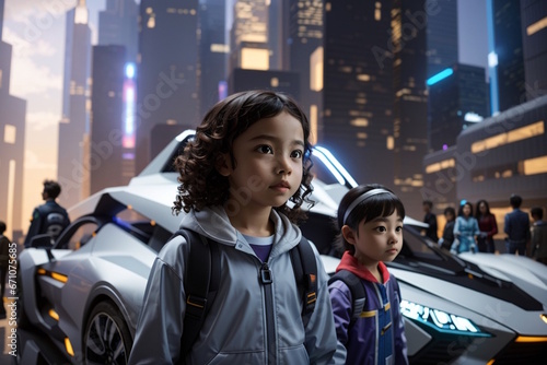 Children from the future appear, their faces beaming with a sense of purpose and determination. The scene is set in a futuristic cityscape with flying cars and towering skyscrapers in the background