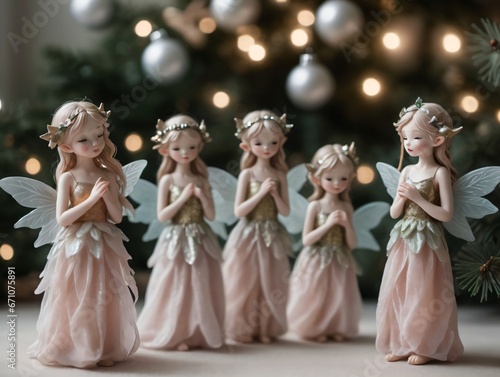 A Group Of Little Angels Standing Next To A Christmas Tree photo