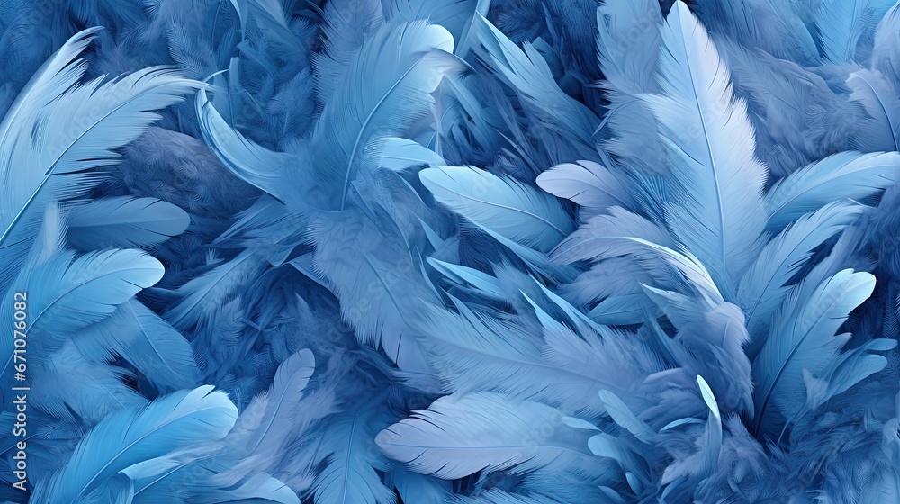  a bunch of blue feathers that are all over the place.  generative ai