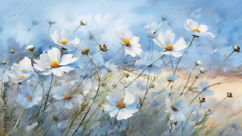  a painting of white daisies in a blue sky background. generative ai