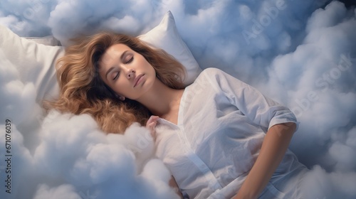 A Beautiful Model Lying in a Bunch of White Fake Clouds . A Pretty Woman Sleeping in A Blue Room full of Couds.