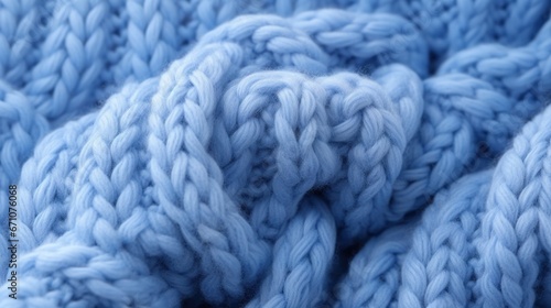  a close up of a blue knitted blanket with a knot. generative ai