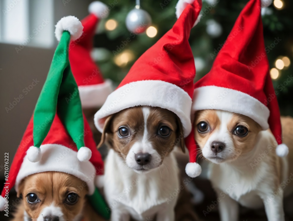 Three Small Dogs Wearing Santa Hats