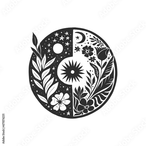 Abstract linocut flowers with magic, girls and mystical in ornate rural folk scandinavian style. Hand drawn Illustration, Linocut Blockprint.